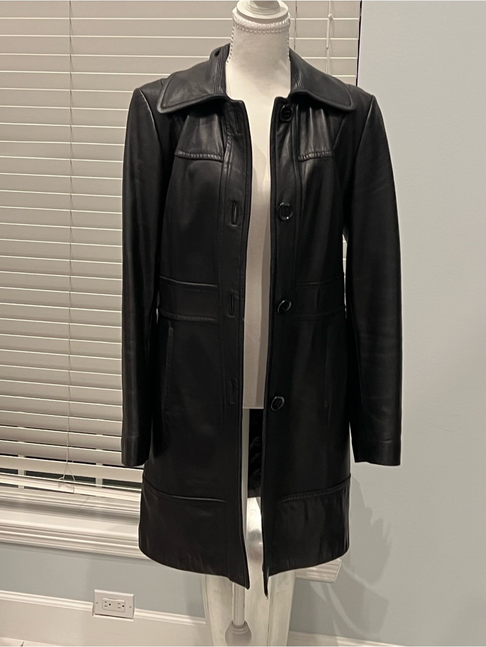 Kenneth Cole New York Black Leather Button-Front Coat